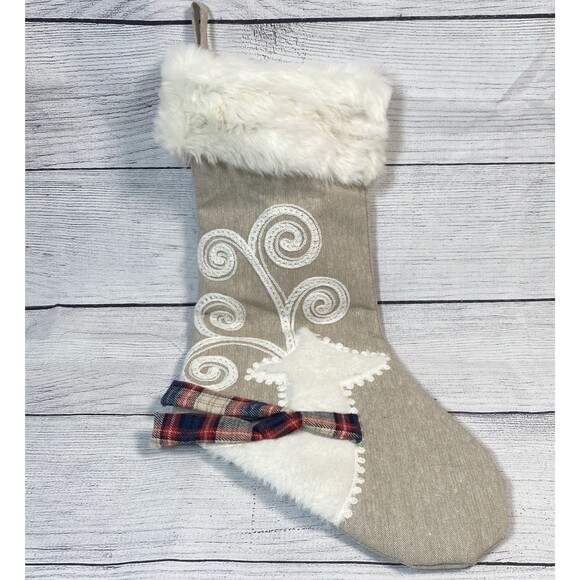 Ridgefield Home Christmas Stocking Tan Reindeer Plaid Scarf Faux Fur Trim 21" - Picture 1 of 4